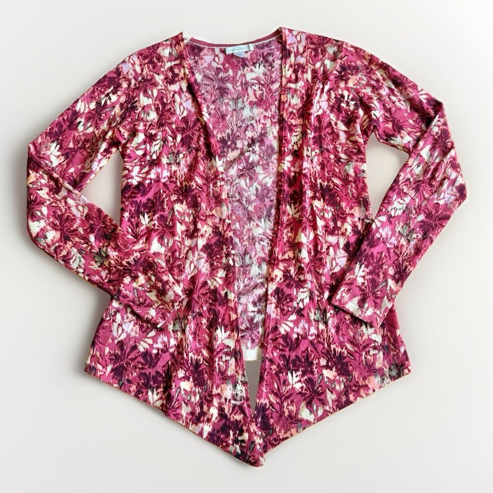 Garnet Hill 100% Merino Wool Floral Print Open Front Cardigan Women's Size XS